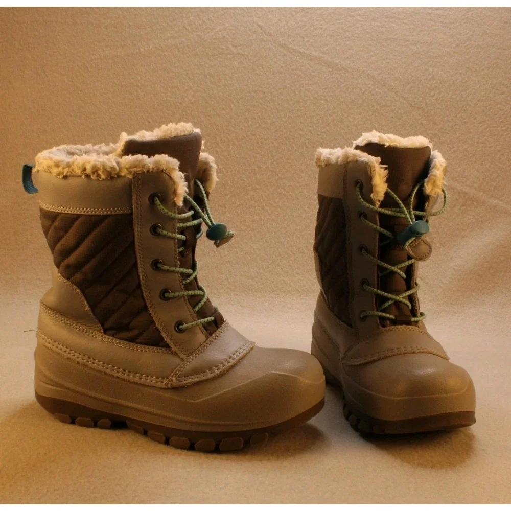 Thermolite Girls Snow Boots Size 1 Pink Gray Faux Fur Warm Winter Waterproof
